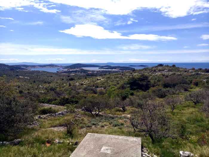 Panoramic view from the hilltop over olive groves to the islands of the Adriatic
